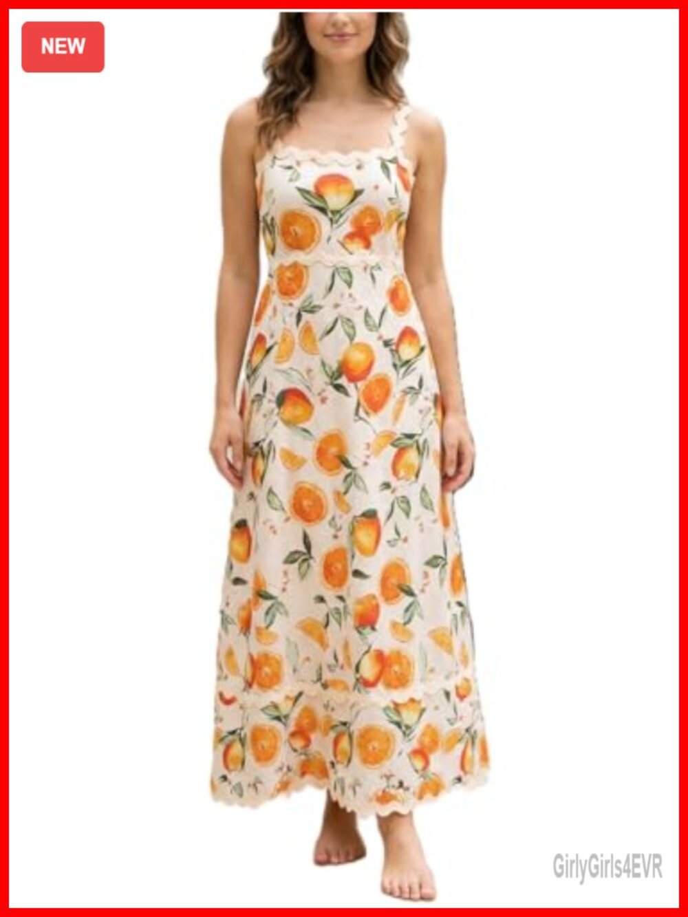 Sleeveless Lemon Print Maxi Dress Ric Rac Shirred Back A-Line